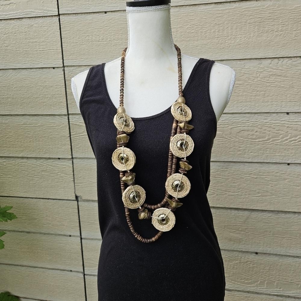 long wood and straw layered necklace